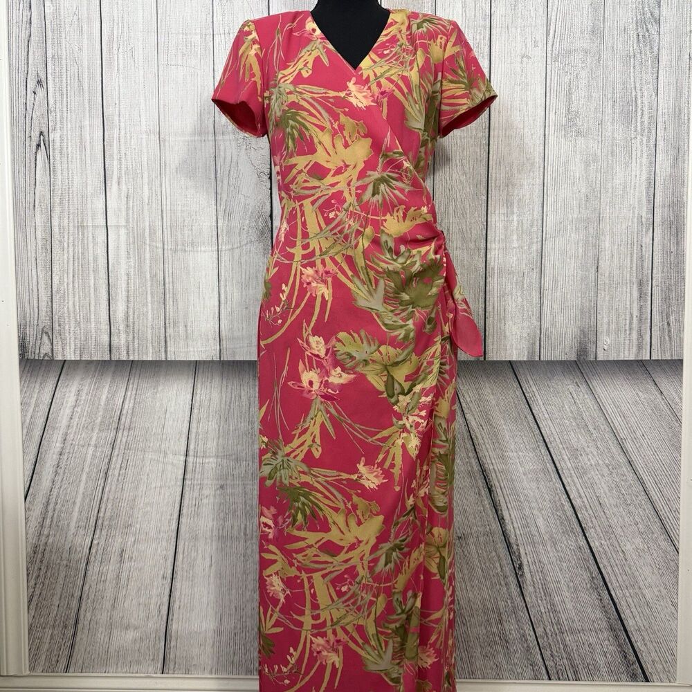 VTG David Warren Women's Size 8 Pink Floral Faux Wrap Maxi Dress Tropical Resort